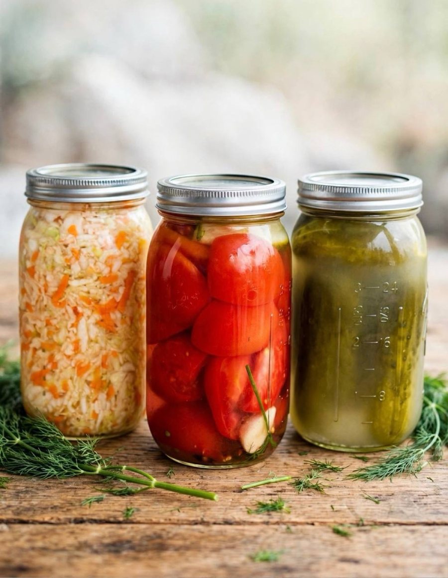 Sauerkraut, pickled tomatoes and dill pickles in 946 mL jars